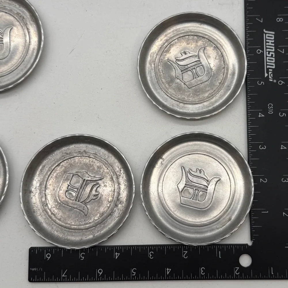 Vtg Aluminum Coasters Set of 5 Detroit‎ Tiger Barware MCM industrial metalware